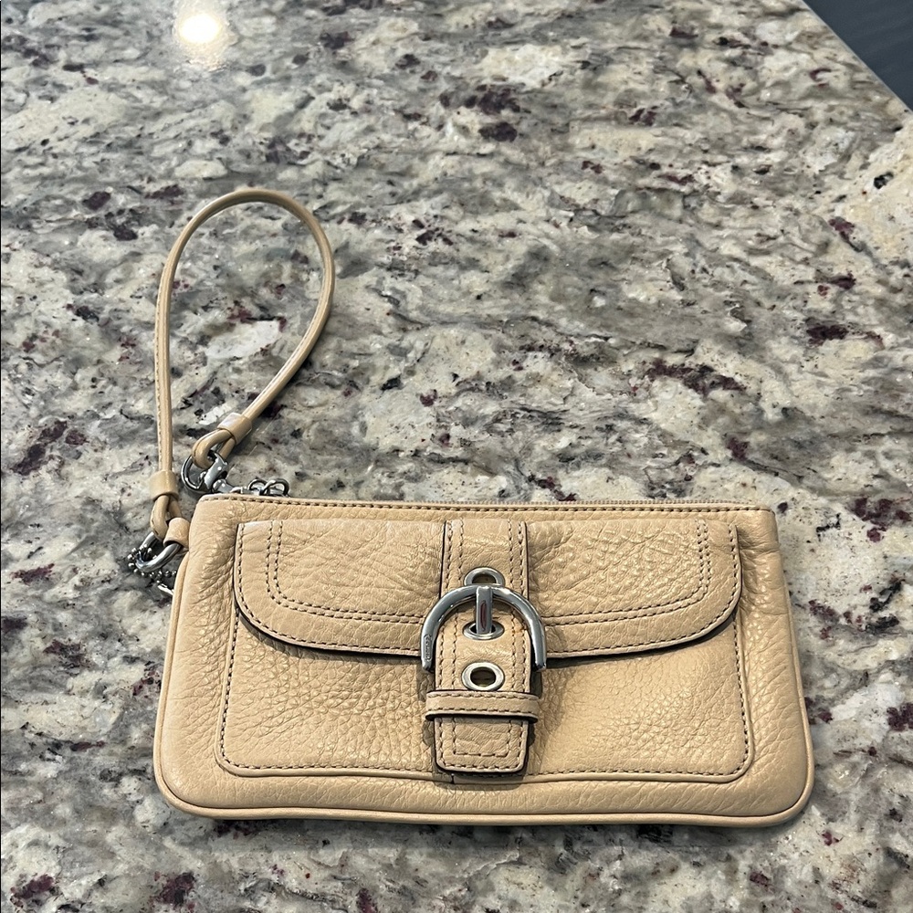 Coach Beige Leather Wristlet with Buckle